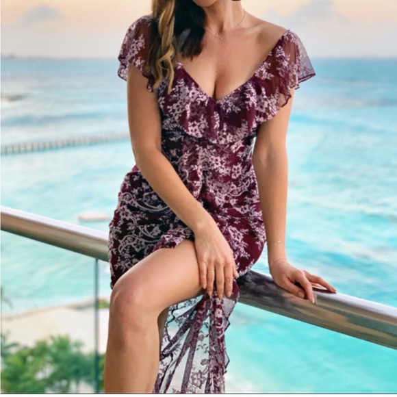 WAYF Marie Burgundy Floral Print Ruched Lace Ruffle Maxi Sheath Dress - Picture 3 of 12